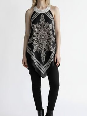 India Boutique Black Halter Tunic with White Print